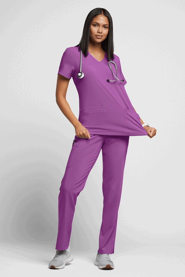 Easy STRETCH Lina Mitered Women's 4-Pocket V-Neck Scrub Top - Purple Swirl - 4