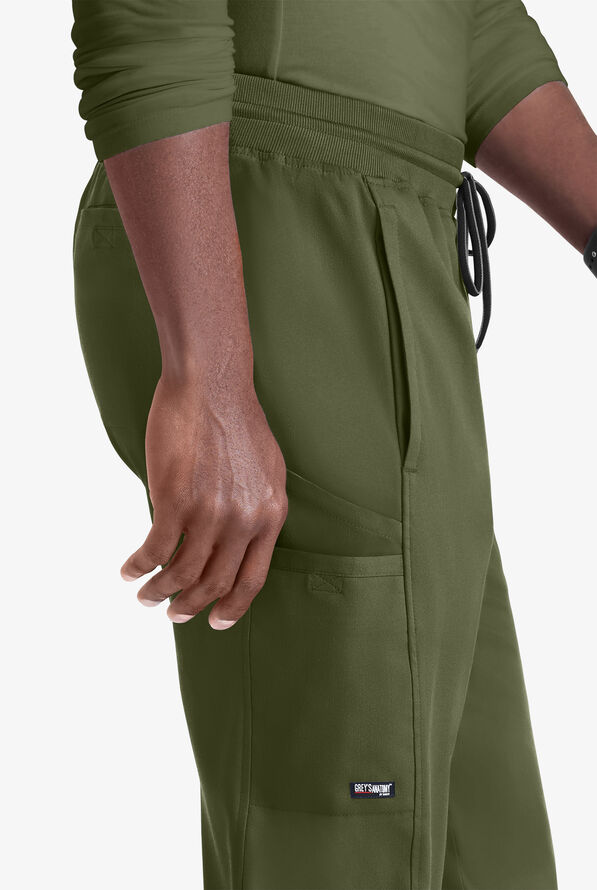 Grey's Anatomy by Barco Spandex STRETCH Hudson Men's 6-Pocket Slim Straight Cargo Scrub Pants - Olive - 3