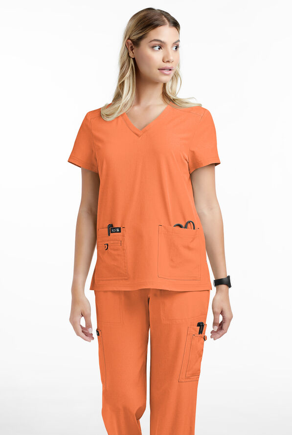 Blusa médica koi Basics Becca con cuello en V y 4 bolsillos para mujer - Heather Apricot - 2