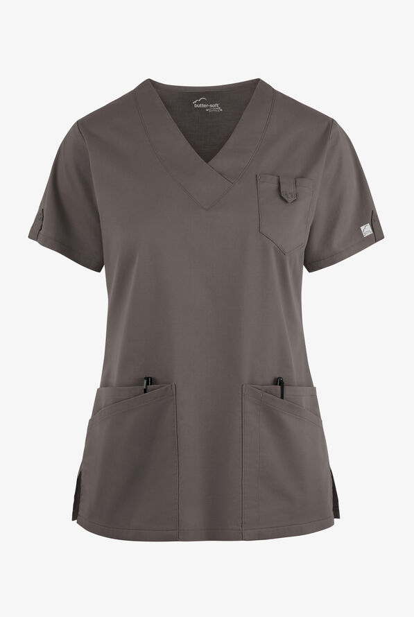 Butter-Soft STRETCH Women's 6-Pocket V-Neck Scrub Top - Cool Grey - 1