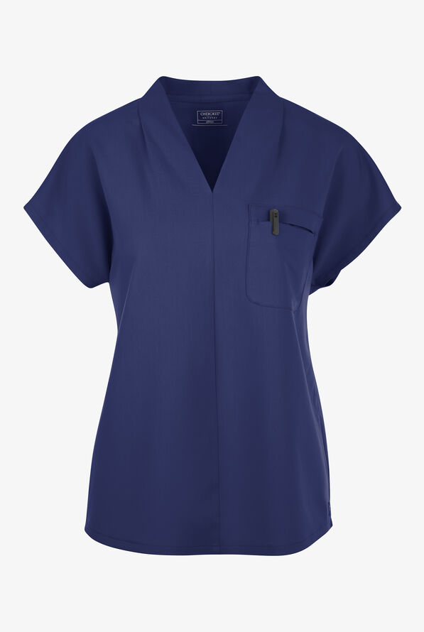 Cherokee Atmos Women's 1-Pocket STRETCH Dolman Sleeve Tuck In V-Neck Scrub Top - Navy - 1