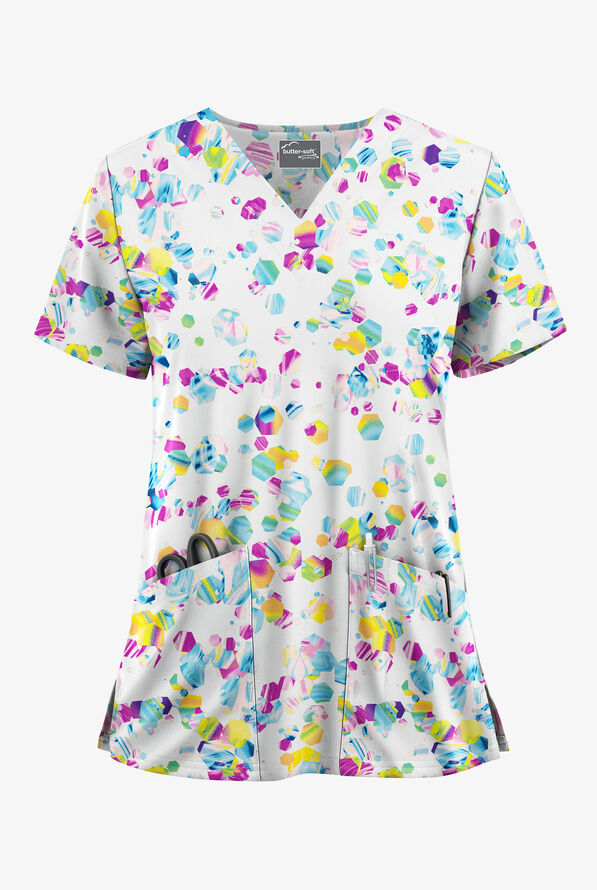 Butter-Soft STRETCH Crystal Prism White Women's 2-Pocket V-Neck Print Scrub Top - null - 1