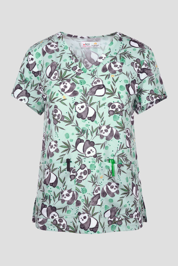 koi Basics Pandas Women's 2-Pocket STRETCH V-Neck Print Scrub Top - null - 1