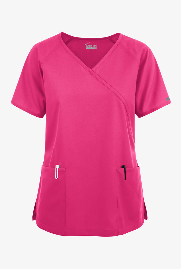 Blusa médica Butter-Soft Originals estilo cruzado con 3 bolsillos para mujer - Fuchsia - 1