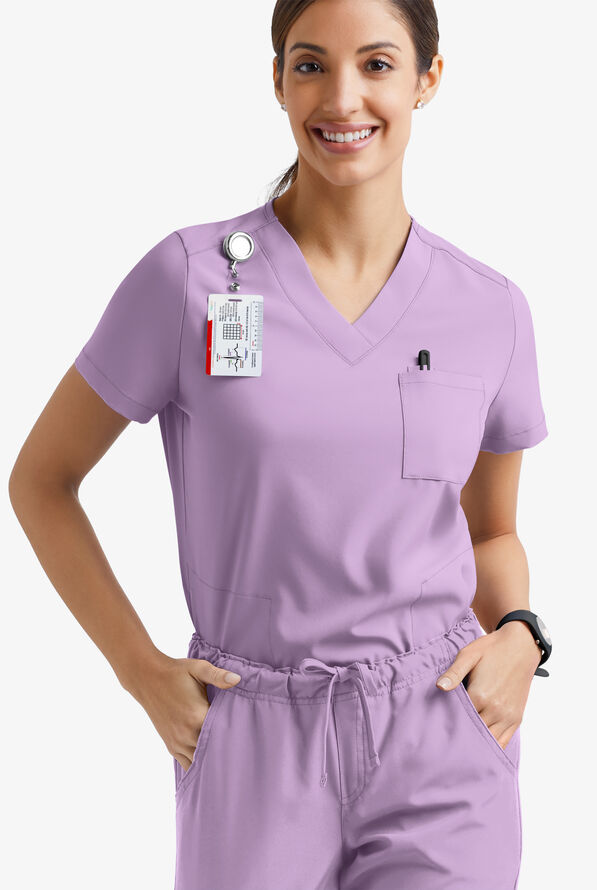 Easy STRETCH Taylor Women's 3-Pocket High Low Hem V-Neck Scrub Top - Amethyst Mist - 1