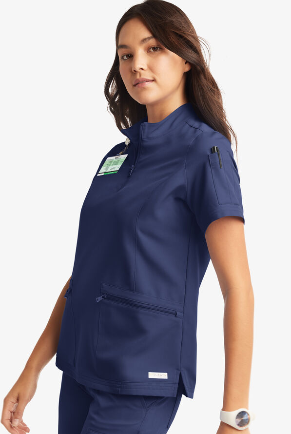 Butter-Soft Women's 5-Pocket Zipper Neck Short Sleeve Scrub Top **Slightly IRREGULAR** - Navy - 3
