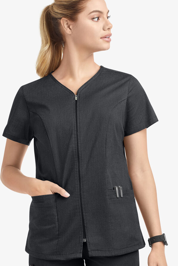 Butter-Soft STRETCH Women's 4-Pocket Smooth Face Zipper Scrub Top - Heather Charcoal - 3