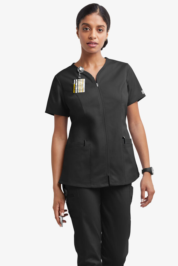 Butter-Soft STRETCH Women's 4-Pocket Smooth Face Zipper Scrub Top - Black - 2