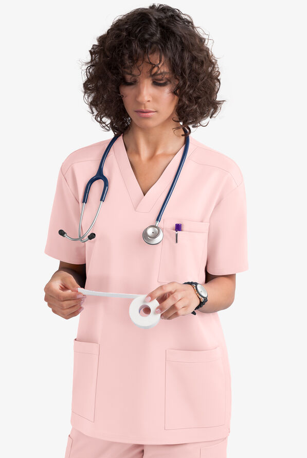 UA Flex2 Unisex 5-Pocket V-Neck STRETCH Scrub Top - Light Pink - 2