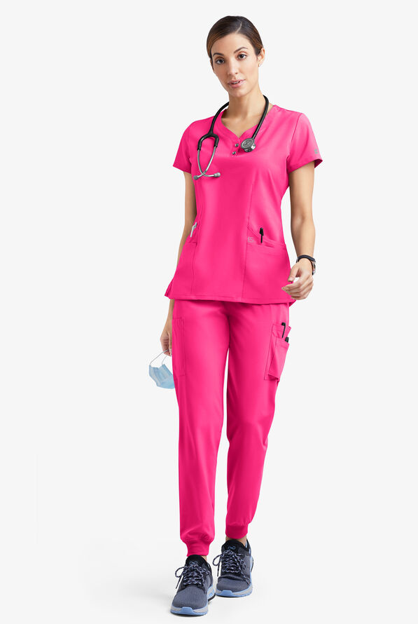 Easy STRETCH Demi Women's 4-Pocket Henley Scrub Top - Reactive Pink - 2