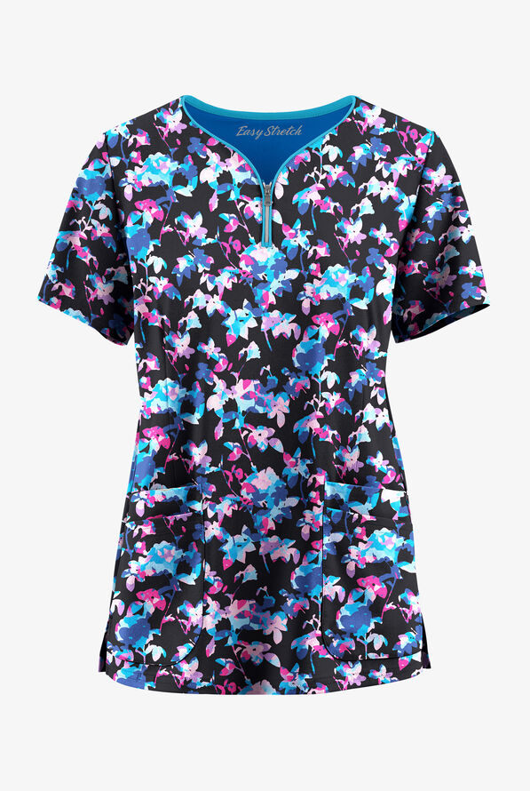 Easy STRETCH Morning Garden Onyx Women's 4-Pocket Zip Curved Neck Print Scrub Top - null - 1