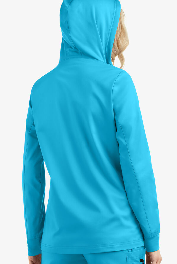 Butter-Soft STRETCH Women's 3-Pocket Zip-Front with Cozy Knit Hood and Trim Scrub Jacket - Turquoise - 4