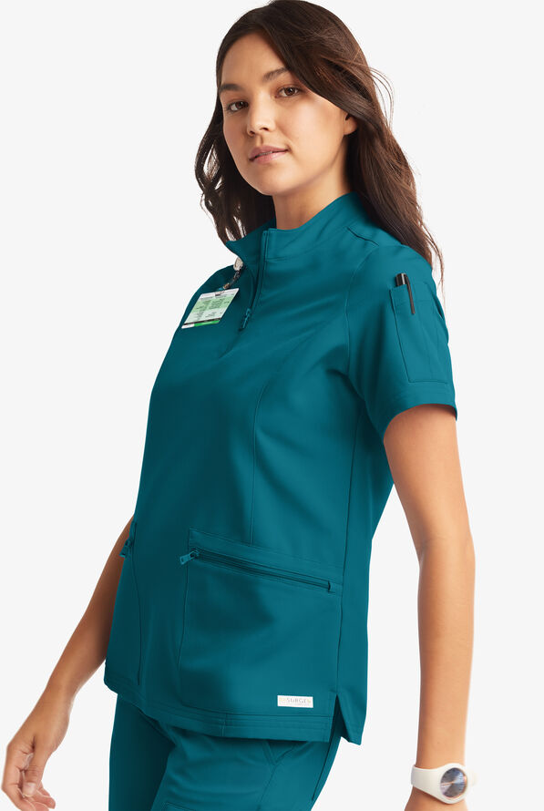 Butter-Soft Women's 5-Pocket Zipper Neck Short Sleeve Scrub Top **Slightly IRREGULAR** - Caribbean Blue - 3