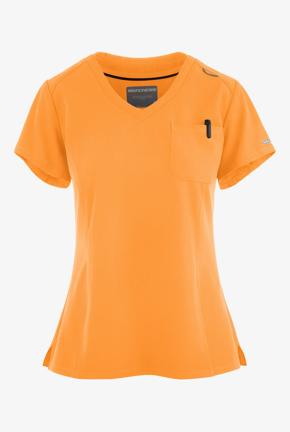 Skechers by Barco Dignity Women's 1-Pocket STRETCH Tuck In V-Neck Scrub Top - Bright Marigold - 1