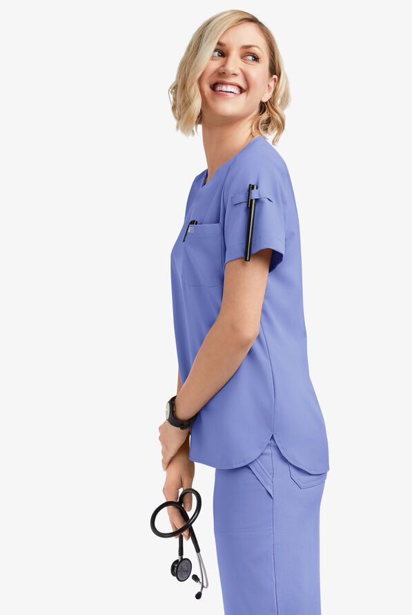 Easy STRETCH Nikki Women's 1-Pocket Scallop Neck Tuck-In Scrub Top - Ceil Blue - 2