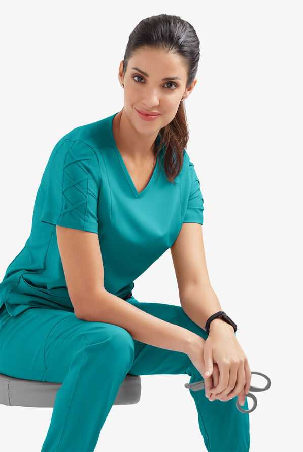 Easy STRETCH Kylie Woman's 5 Pocket V-Neck With Criss-Cross Detail Scrub Top - Teal - 5