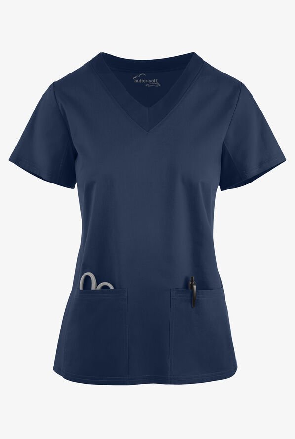 Butter-Soft STRETCH Women's 3-Pocket Contrast Scrub Top - Navy - 1