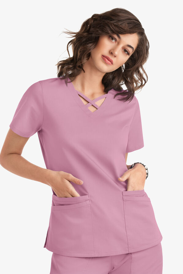 Blusa m&eacute;dica UA Butter-Soft STRETCH con lazos entrecruzados y 4 bolsillos para mujer - Cherry Blossom - 5