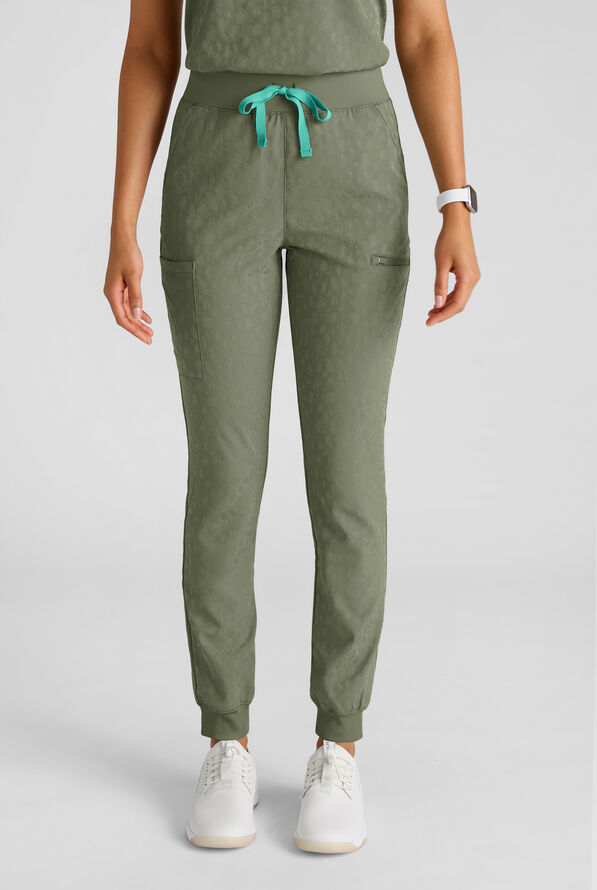 Easy STRETCH Olivia Women's Jacquard 7-Pocket Slim Leg Jogger Scrub Pant - Olive Leaf - 1