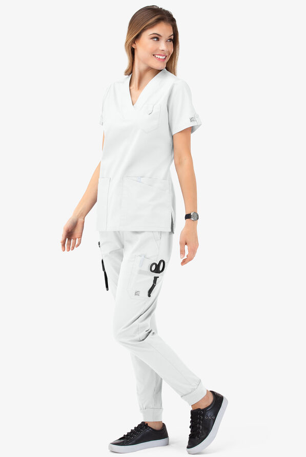 Butter-Soft STRETCH Women's 6-Pocket V-Neck Scrub Top - White - 7