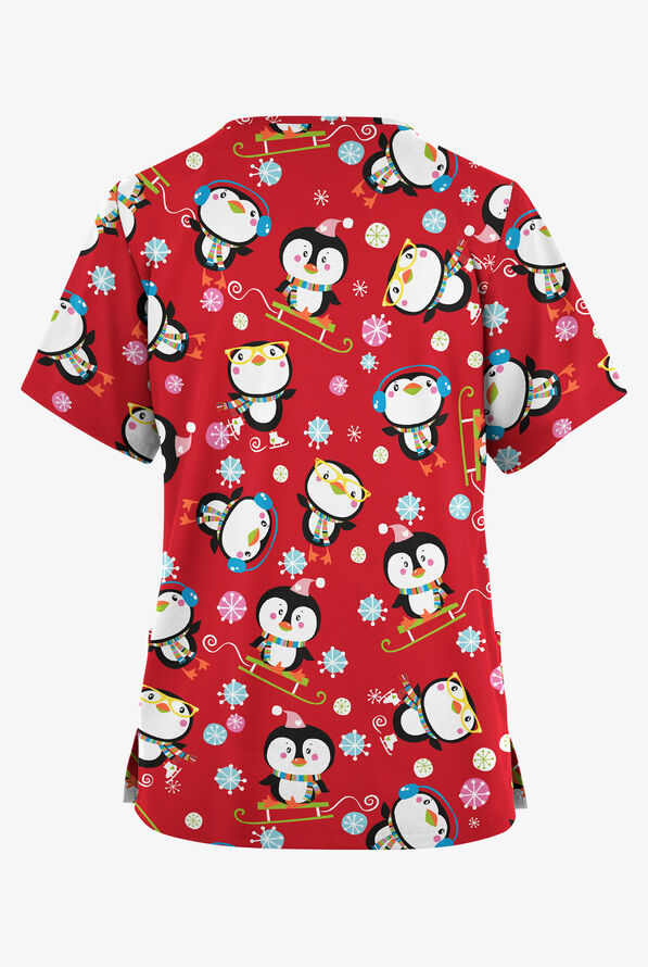 Butter-Soft Originals Penguin Playland Red Women's 2-Pocket Classic Fit V-Neck Print Scrub Top - null - 2