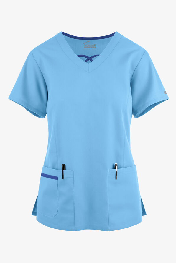 Blusa médica Butter-Soft Originals con cuello entrecruzado en contraste y 3 bolsillos para mujer - Blue Oasis/Galaxy - 1