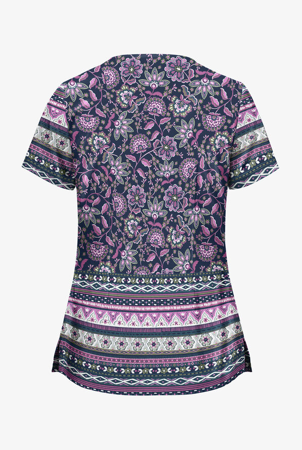 UA Butter-Soft STRETCH Jacobean Border Navy Women's 2-Pocket with Angled Welt Print Scrub Top - null - 2