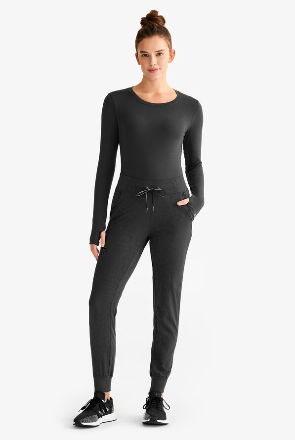 Healing Hands Purple Label Trinity Women's 6-Pocket STRETCH Leopard Jacquard Cargo Jogger Scrub Pant - Petite - Black - 3