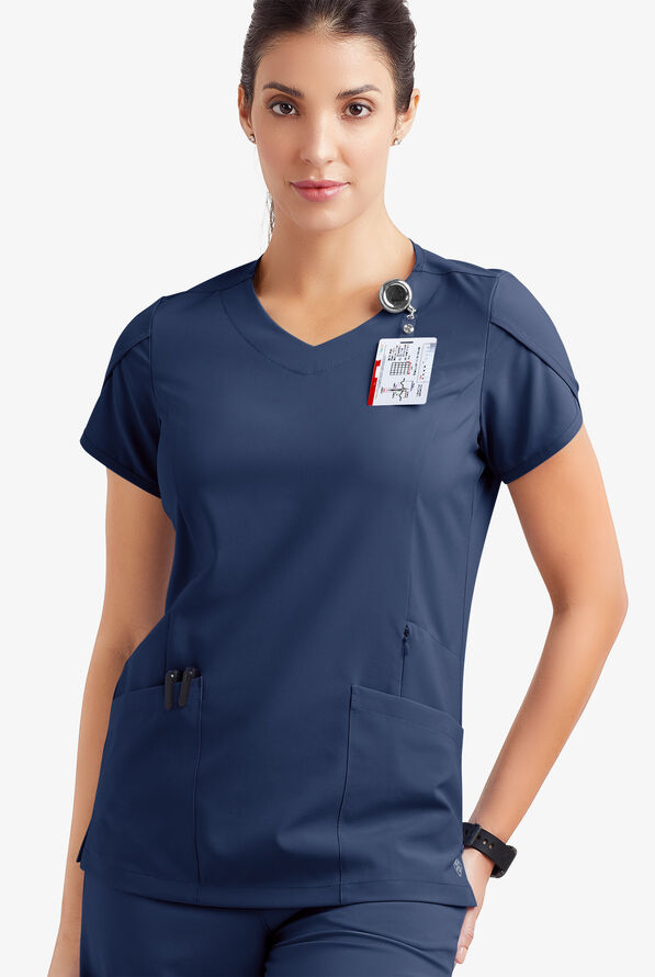 Easy STRETCH Daisy Women's 4-Pocket V-Neck Scrub Top with Petal Sleeves - Navy - 3