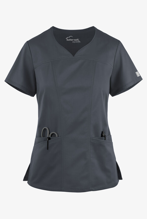 Butter-Soft STRETCH Women's 4-Pocket Sweetheart Neck Scrub Top - Pewter - 1