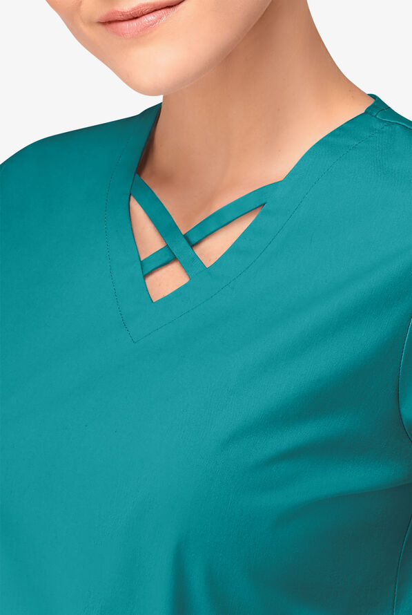 Blusa m&eacute;dica UA Butter-Soft STRETCH con lazos entrecruzados y 4 bolsillos para mujer - Teal - 3