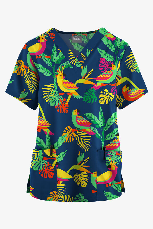 Butter-Soft Originals Bird Of Paradise Royal Women's 2-Pocket V-Neck Print Scrub Top - null - 1