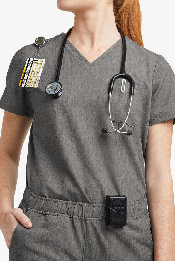 MOVEMENT by Butter-Soft Ceti Women's 1-Pocket V-Neck Tuck-In STRETCH Scrub Top - Graphite Heather - 2