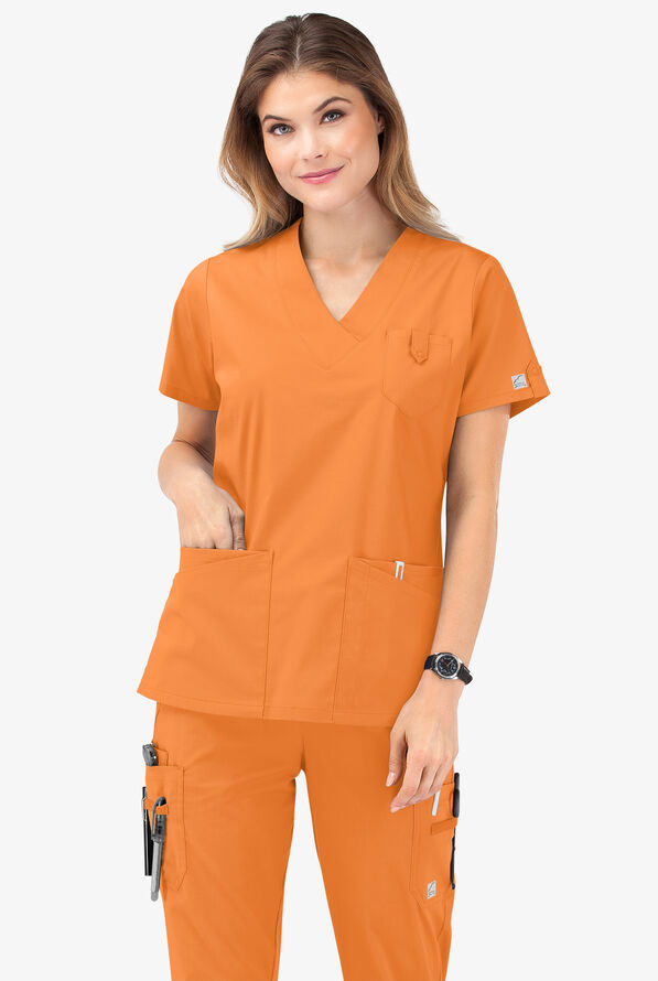 Butter-Soft STRETCH Women's 6-Pocket V-Neck Scrub Top - Apricot Crush - 8