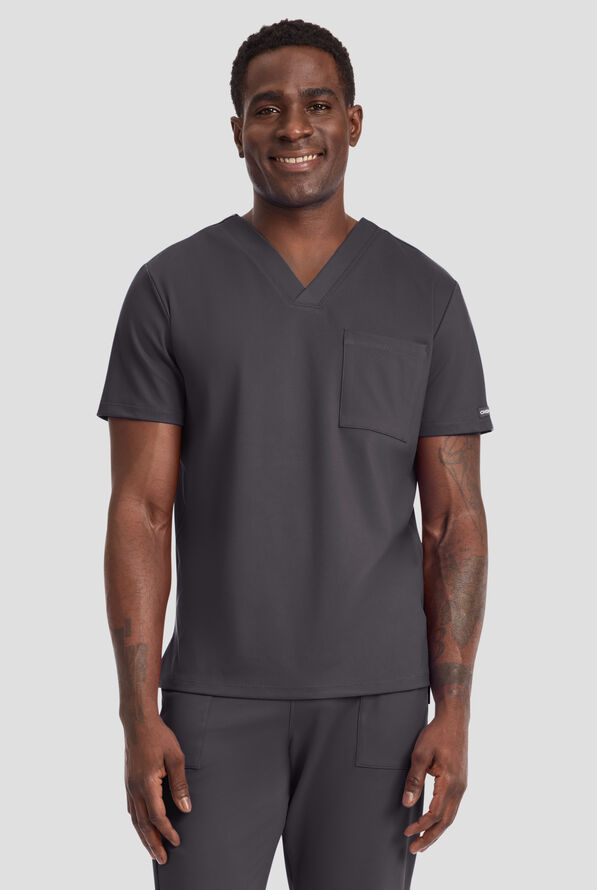 Cherokee Achieve Men's 1-Pocket STRETCH V-Neck Knit Scrub Top - Pewter - 2