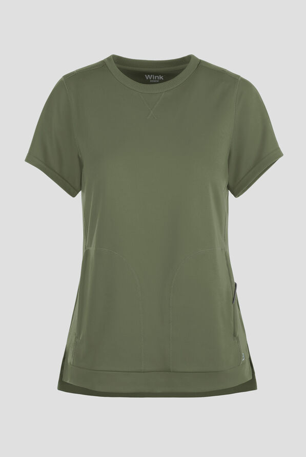 Wink Renew Knit Women's 2-Pocket STRETCH Rib-Knit Crew Neck Scrub Top - Olive - 1