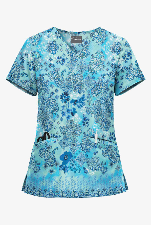 UA Butter-Soft Paisley Extravaganza Turquoise Scrub Top, Print Scrubs