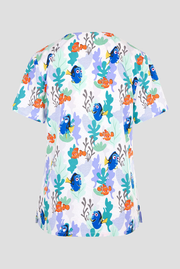 Tooniforms Disney's Nemo And Dory Women's 2-Pocket STRETCH V-Neck Print Scrub Top - null - 2