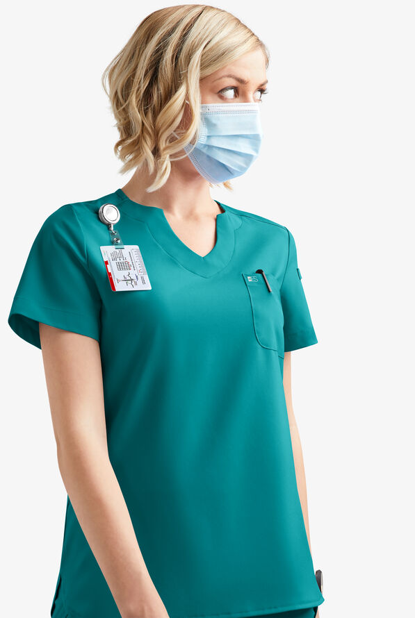 Easy STRETCH Nikki Women's 1-Pocket Scallop Neck Tuck-In Scrub Top - Teal - 7