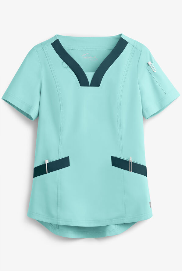 Butter-Soft STRETCH Women's 4-Pocket Feminine Curved V-Neck Scrub Top - Aqua Moon/Caribbean Blue - 1