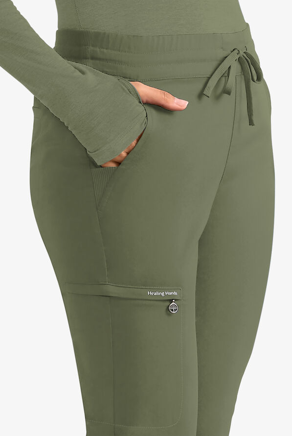 Healing Hands Purple Label Women's 6-Pocket STRETCH Flare Leg Drawstring Scrub Pants - Olive - 2