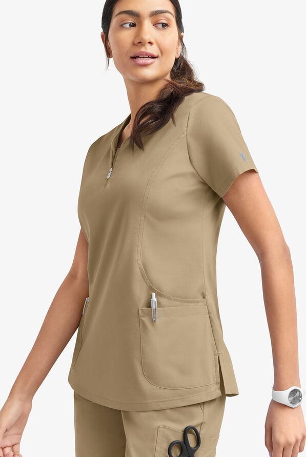 Butter-Soft STRETCH Women's 4-Pocket Curved Neck Zipper Scrub Top - Golden Sand - 3
