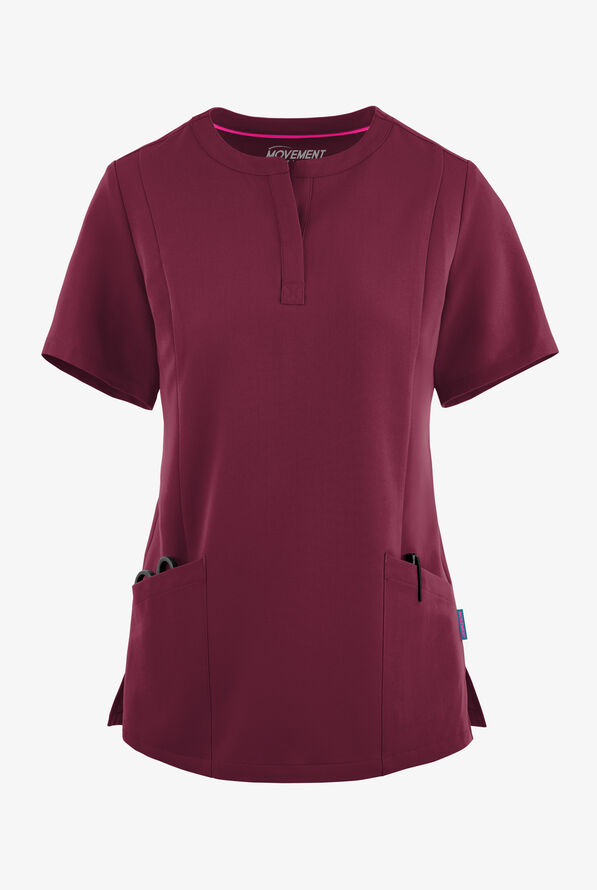 MOVEMENT by Butter-Soft  STRETCH Elara Women's 5-Pocket Henley Scrub Top - Wine - 1