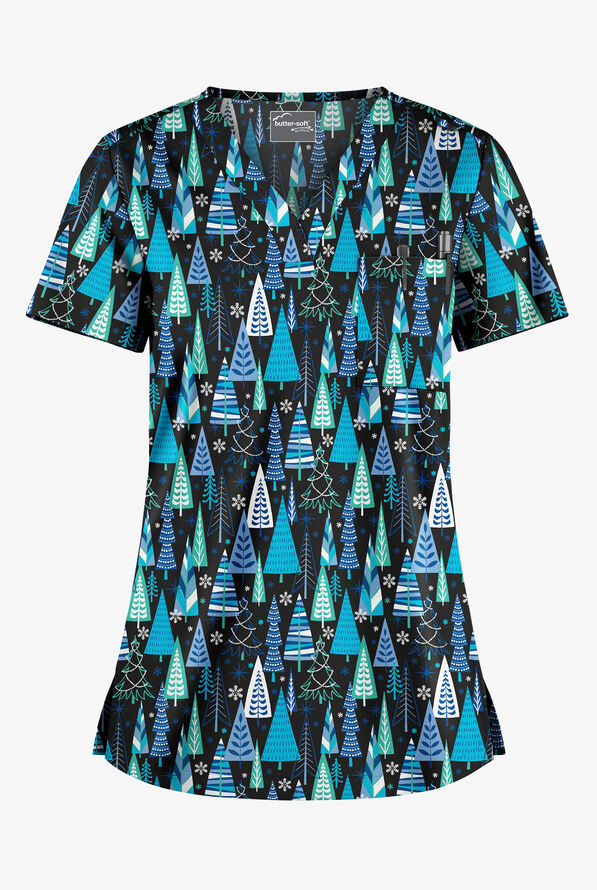 Blusa médica estampada Butter-Soft STRETCH Wintertime Turquoise con cuello en V y 1 bolsillo para mujer - null - 1