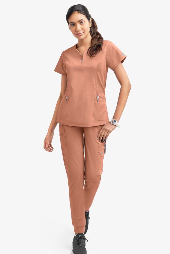 Butter-Soft STRETCH Women's 4-Pocket Curved Neck Zipper Scrub Top - Terracotta - 2