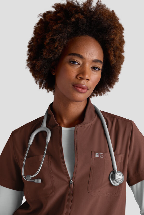 Blusa m&eacute;dica estilo mono Easy STRETCH Nika con cremallera y 2 bolsillos para mujer - Double Espresso - 3