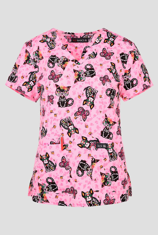 koi Basics Sugar Skull Cuties Women's 2-Pocket STRETCH V-Neck Print Scrub Top - null - 1
