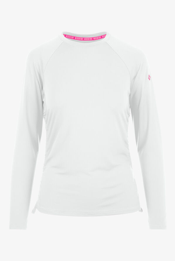 Med Couture Layers Women's STRETCH Ruched Long Sleeve Round Neck Knit Underscrub - White - 1
