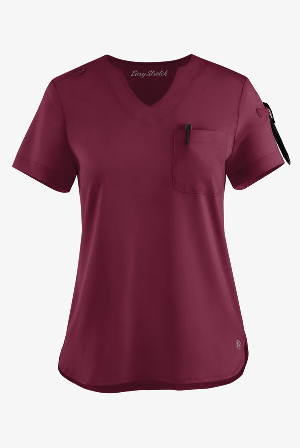 Easy STRETCH Nikki Women's 1-Pocket Scallop Neck Tuck-In Scrub Top - Wine - 1
