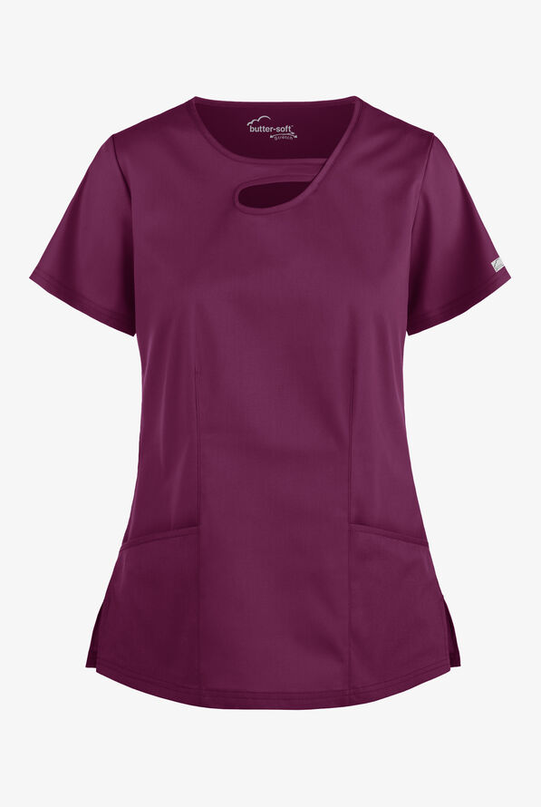 Butter-Soft STRETCH Women's 2-Pocket Asymmetric Keyhole Scrub Top - Wine - 1